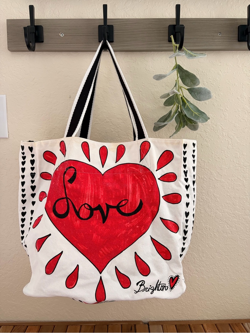 Brighton White Canvas Tote with Red Heart and Black Accents